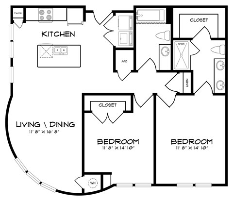 Floor plan for 2 beds, 2 baths, 1105 sqft